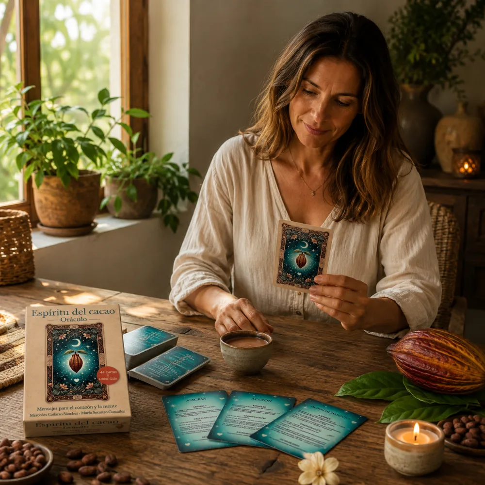 Woman holding a Cacao Spirit oracle card next to a cup of cacao